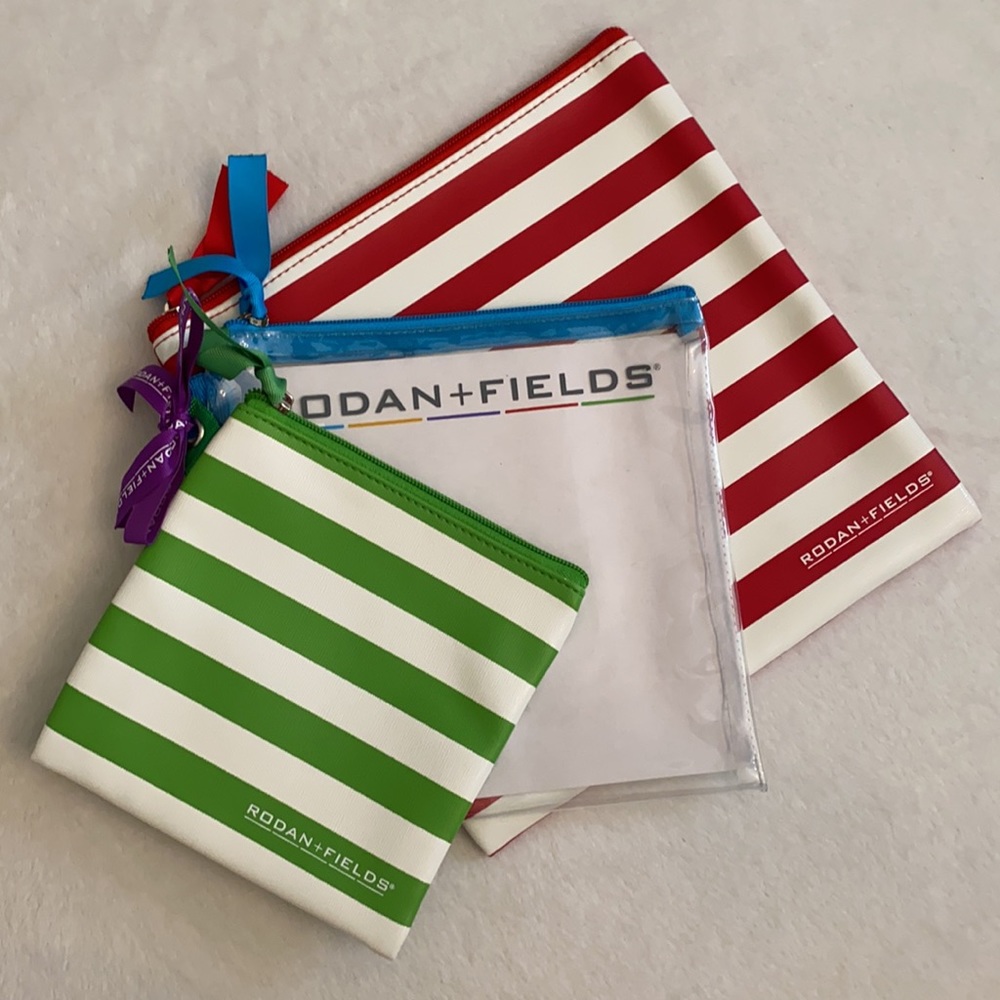{NWOT} Rodan+Fields | Logo Zipper Pouch Bag Trio Stripe & Clear (Set of 3)